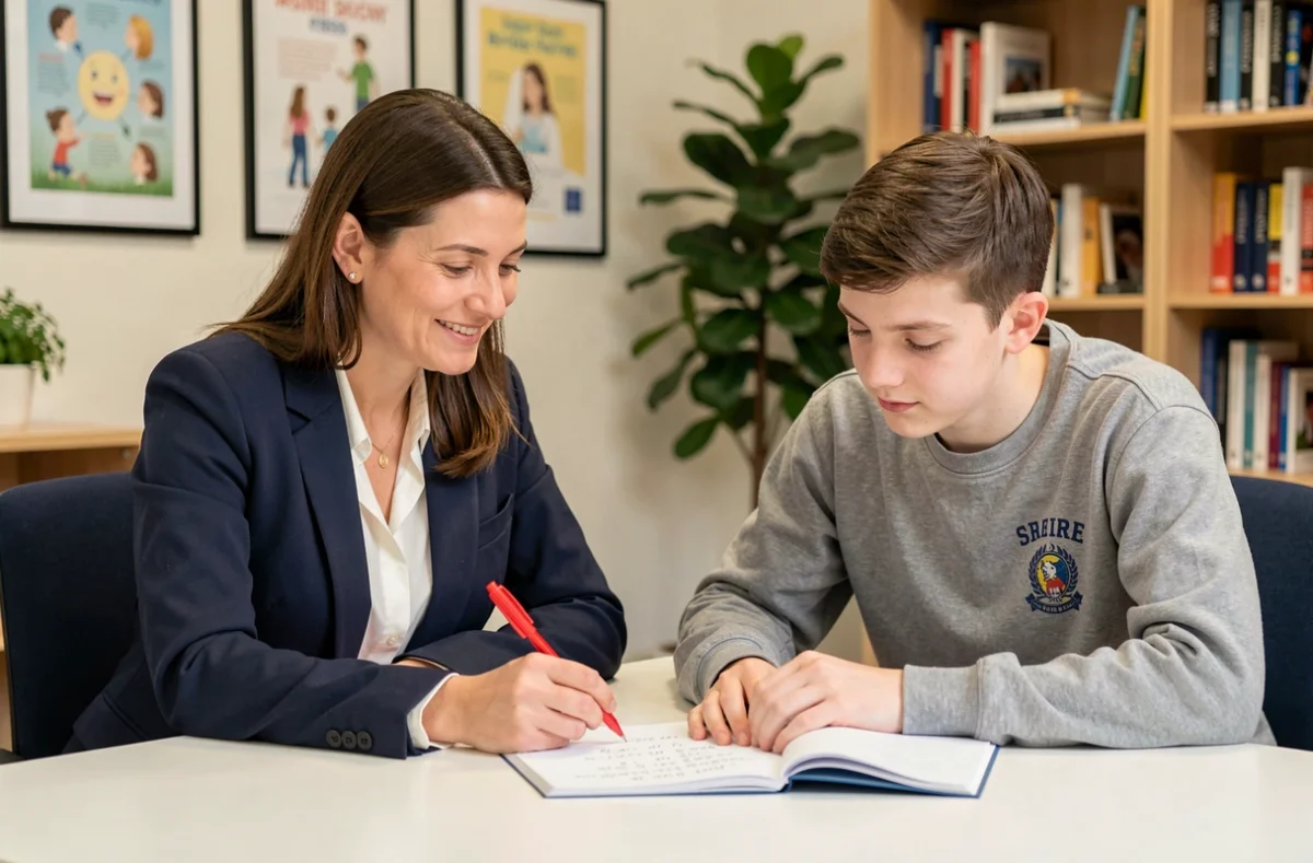 Tutrice professionnelle d'Acadomia aidant un lycéen à réviser ses exercices de mathématiques lors d'une séance de soutien scolaire à domicile.
