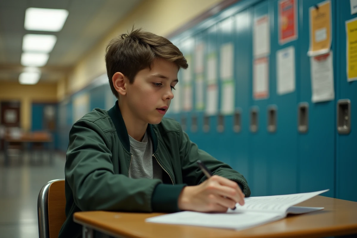 Adolescent qui révise son discours de délégué seul dans un couloir scolaire