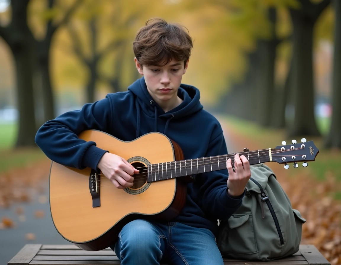 Adolescent jouant un accord de guitare acoustique assis sur un banc dans un parc en automne