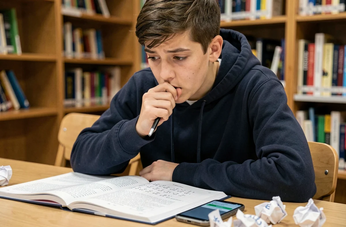 Adolescent concentré sur des exercices de conjugaison espagnole dans une bibliothèque avec un cahier ouvert
