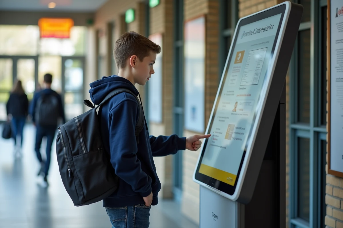 Adolescent utilisant un écran tactile dans un hall universitaire