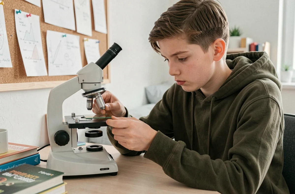Adolescent préparant une lame de verre sous un microscope compact dans sa chambre d'étudiant