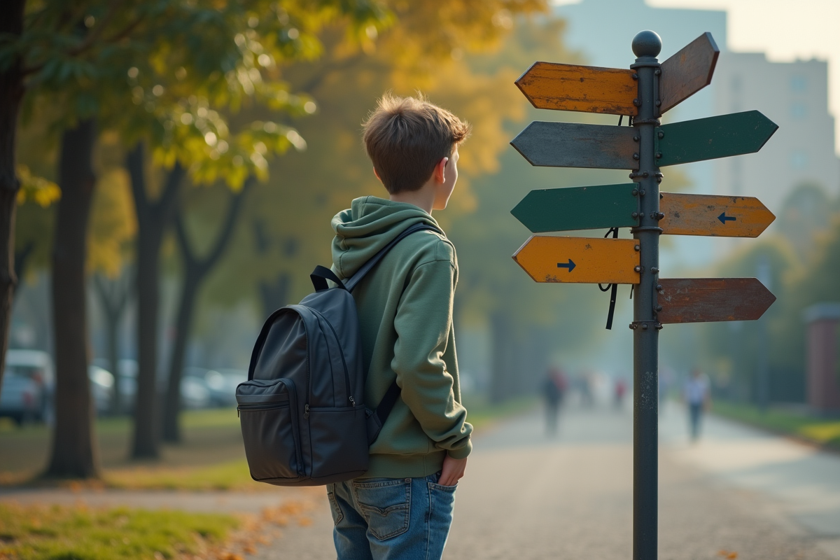Adolescent réfléchissant devant un panneau dans un parc urbain