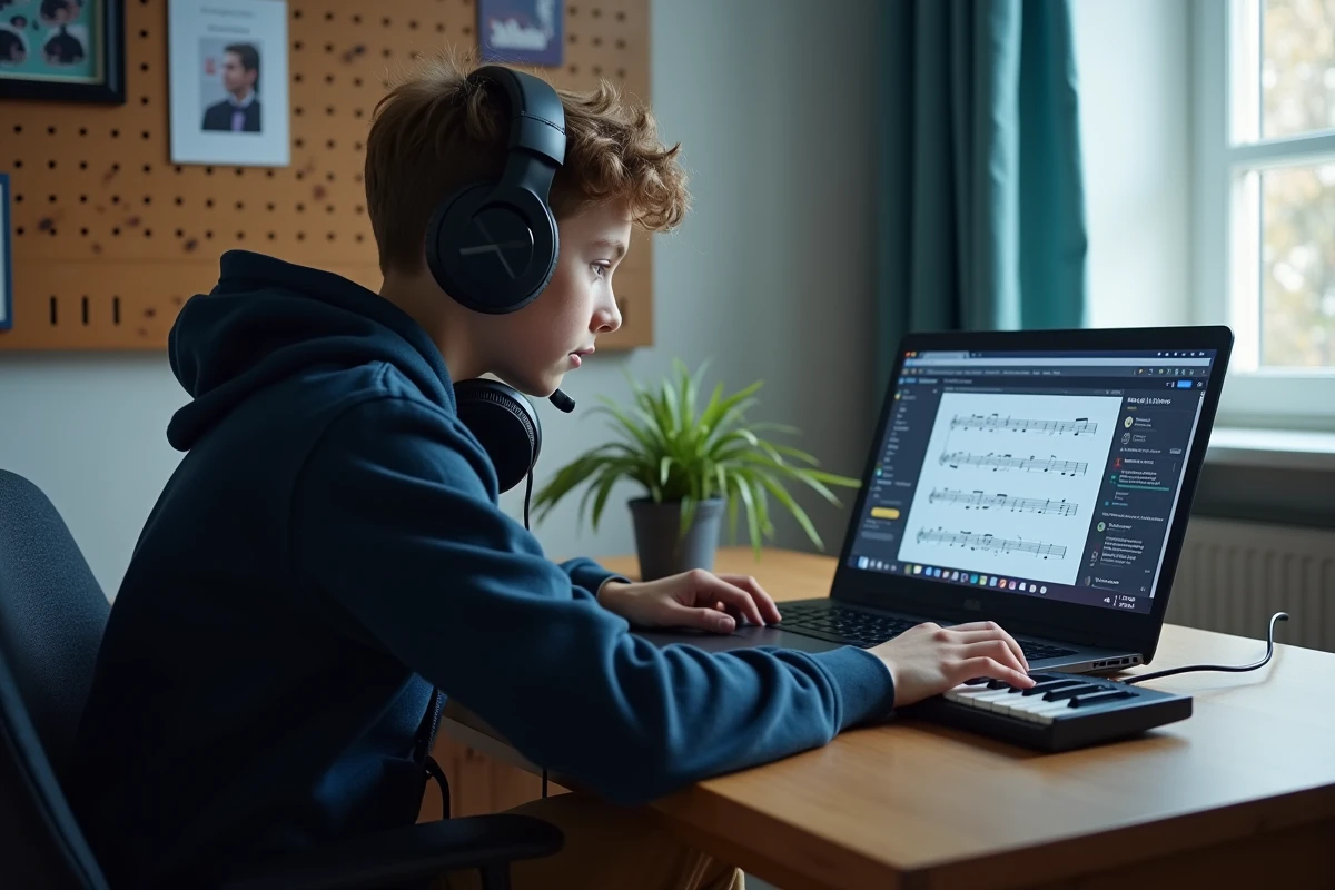Adolescent jouant du piano en ligne avec clavier MIDI et partition interactive sur ordinateur portable dans sa chambre