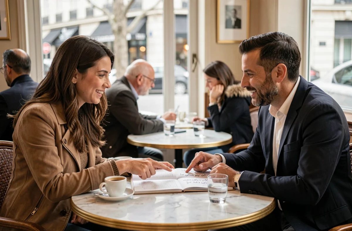 Deux adultes pratiquant l'arabe ensemble dans un café parisien avec un manuel de conversation bilingue