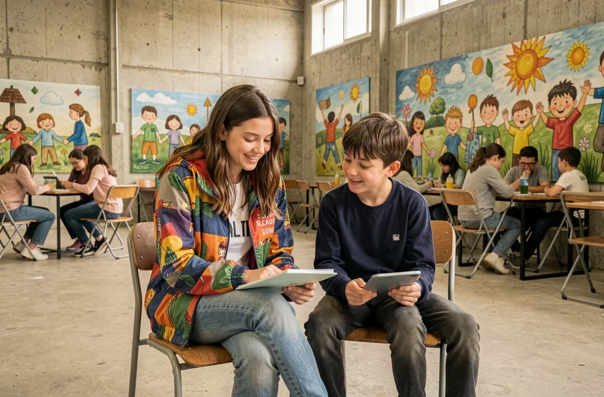 Bénévole de l'AFEV accompagnant un collégien dans ses devoirs au sein d'un centre communautaire de banlieue parisienne dans le cadre du tutorat de proximité.