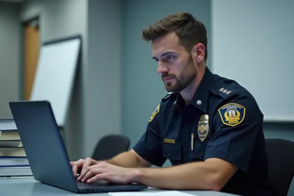 Agent de police en uniforme complétant une évaluation en ligne sur un ordinateur portable dans une salle de formation institutionnelle