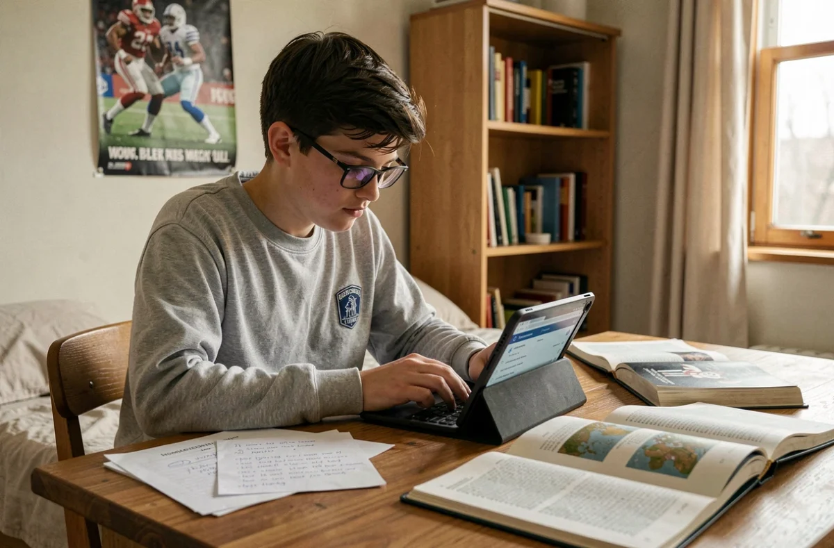Lycéen utilisant la plateforme Aide-au-top sur sa tablette pour obtenir de l'aide à ses devoirs de géographie dans sa chambre.