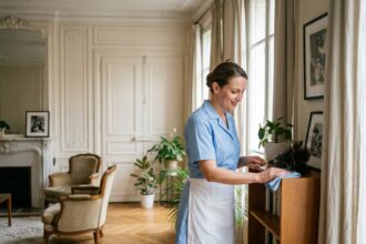 Aide ménagère professionnelle en uniforme bleu faisant le ménage dans un appartement haussmannien à Levallois-Perret