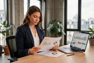 Jeune alternante en marketing digital analysant un rapport dans un bureau moderne parisien