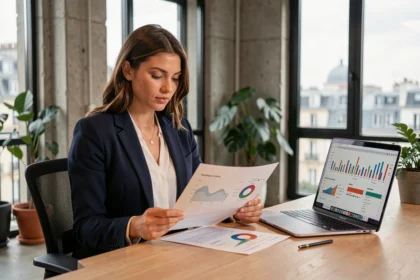 Jeune alternante en marketing digital analysant un rapport dans un bureau moderne parisien