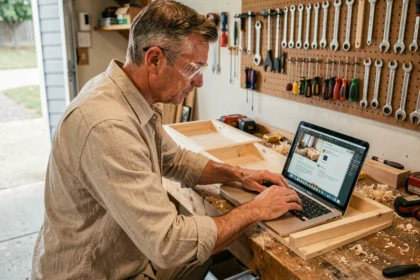 Homme adulte apprenant le bricolage en regardant un tutoriel en ligne sur un ordinateur portable dans un atelier de garage