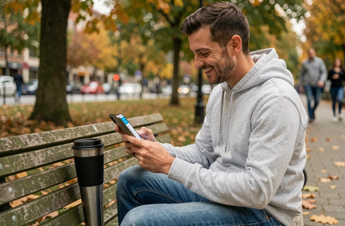 Homme apprenant le futur de l'espagnol sur une application mobile dans un parc en automne