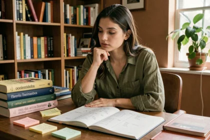 Jeune femme étudiant le futur en espagnol avec des cahiers et fiches de conjugaison sur un bureau en bois
