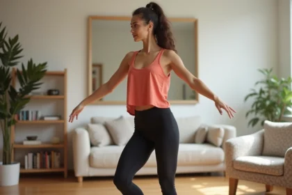 Jeune femme apprenant le zouk seule chez elle devant un miroir en pratiquant des ondulations corporelles dans son salon