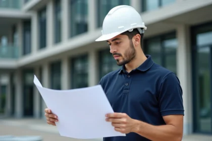Jeune apprenti BTP devant un centre de formation professionnelle, casque blanc et plan de construction en main
