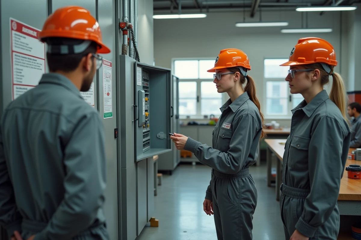 Jeune apprentie observant une démonstration de verrouillage électrique