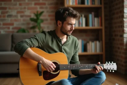 Jeune homme apprenant les accords de guitare acoustique assis sur un plancher en bois dans un appartement chaleureux