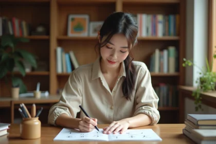 Jeune femme pratiquant l'écriture japonaise hiragana sur du papier blanc à son bureau en bois
