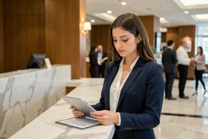 Jeune femme diplômée du BTS Tourisme travaillant à la réception d'un hôtel haut de gamme