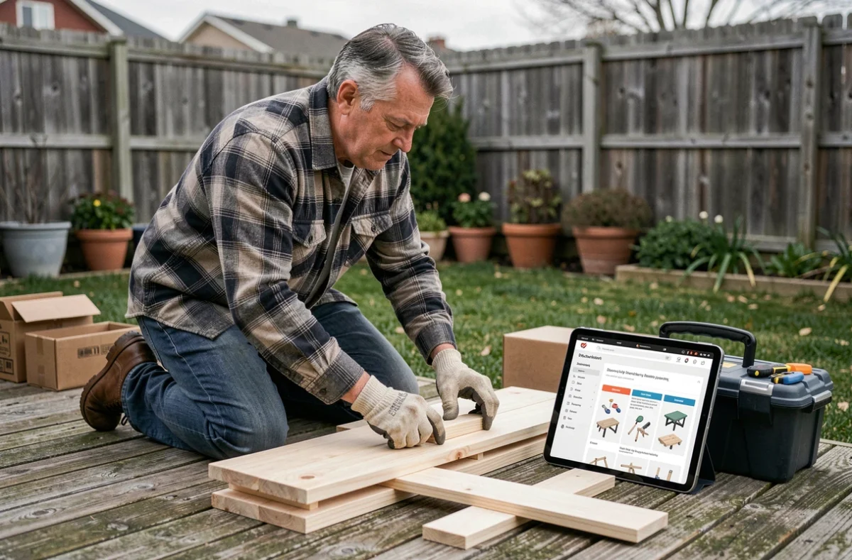 Un homme assemble des meubles en kit sur sa terrasse en consultant une plateforme DIY