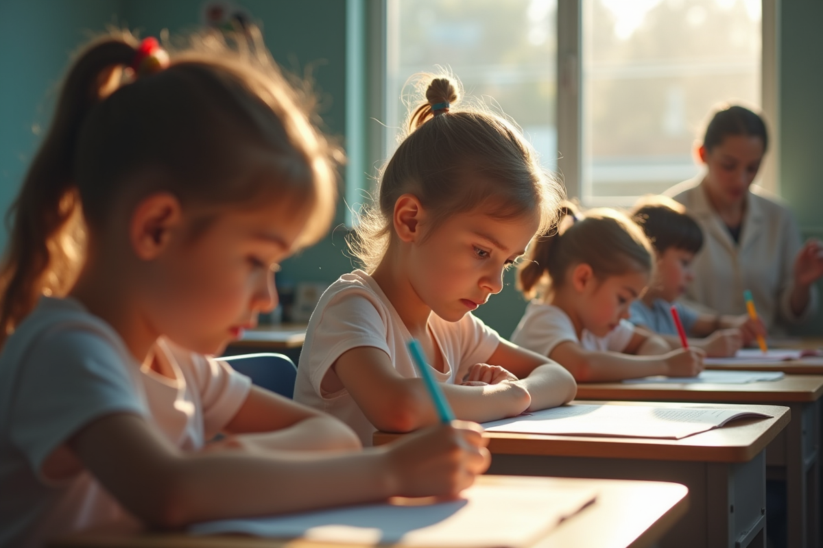 Assistante éducative aidant un élève à son bureau