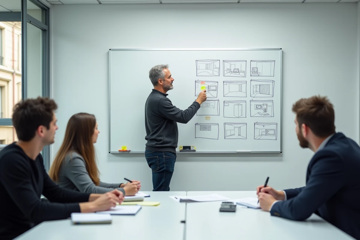 Formateur professionnel présentant un storyboard à des adultes en formation cinéma et réalisation dans les locaux des Gobelins Paris