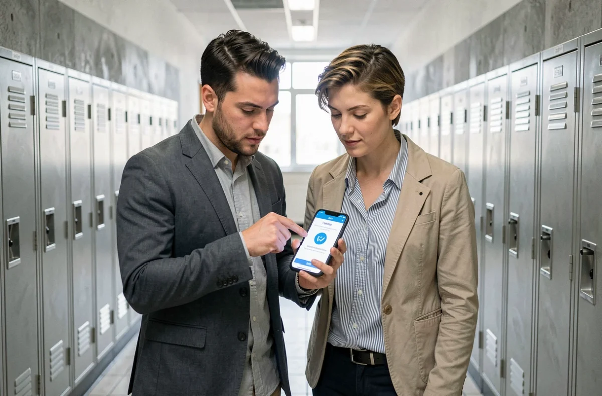 Deux collègues vérifiant une authentification à deux facteurs sur un smartphone dans un couloir scolaire