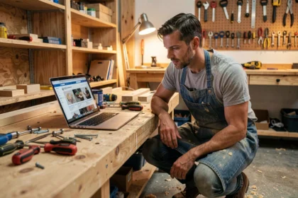 Un bricoleur consulte un tutoriel DIY sur ordinateur dans son atelier maison