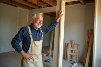 Bricoleur expérimenté inspectant un encadrement de porte en bois dans une pièce en cours de rénovation