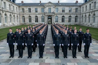Cadets de Saint-Cyr en tenue de parade sur la cour intérieure de l'école militaire