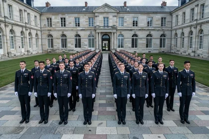 Cadets de Saint-Cyr en tenue de parade sur la cour intérieure de l'école militaire