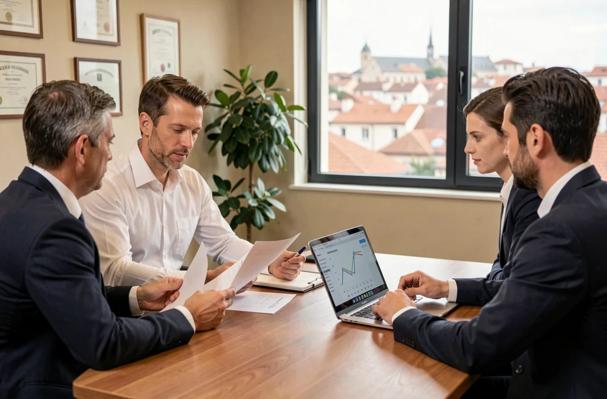 Consultant de Cap Consulting Toulouse en réunion avec deux professionnels autour d'un bureau, révisant des documents de formation