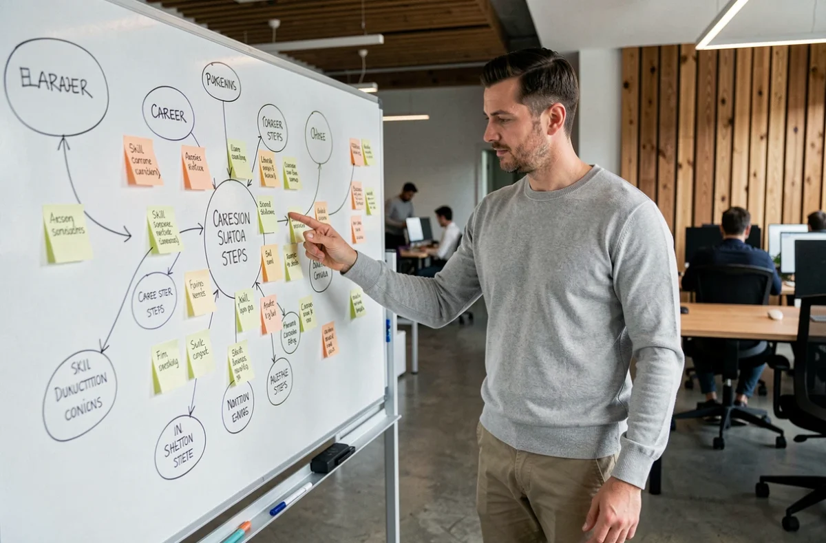 Homme en reconversion debout devant un tableau blanc avec carte mentale de projet professionnel dans un espace de coworking