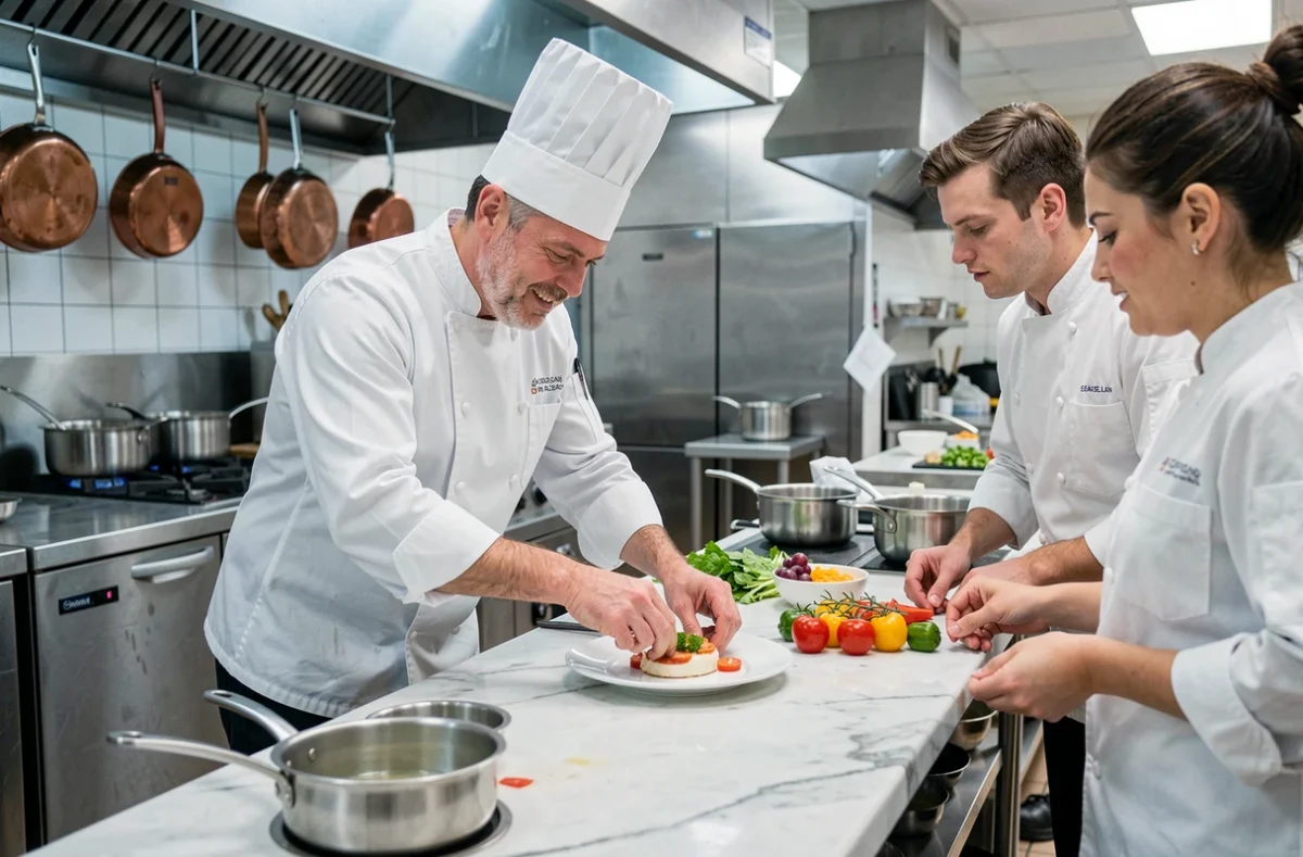 Chef cuisinier formateur enseignant le dressage d'assiette à des apprentis au Centre de Formation Cuisine de Toulouse