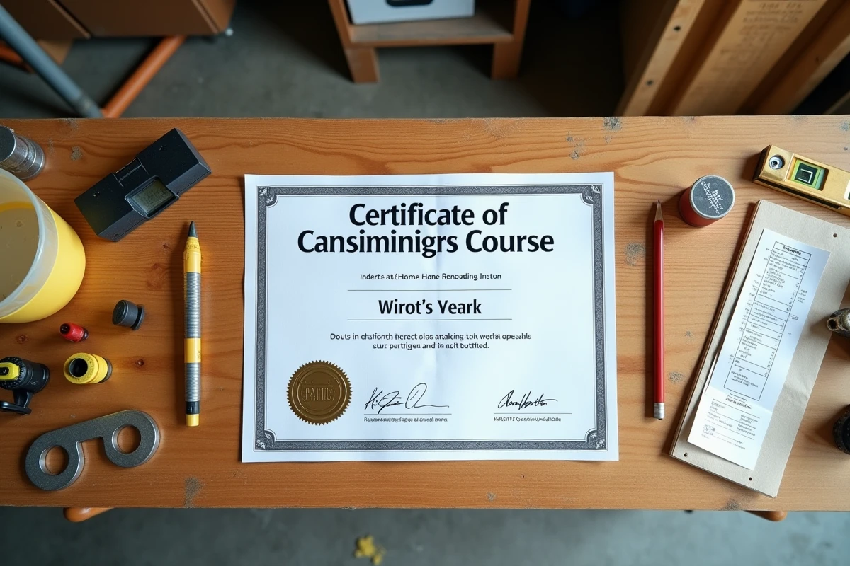 Vue aérienne d'un certificat de formation bricolage posé sur un établi d'atelier entouré d'outils de charpentier et d'une facture