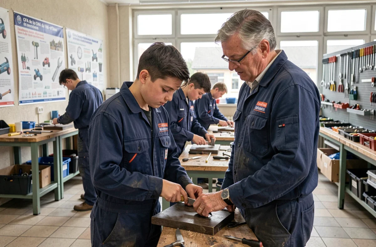 Apprenti en uniforme de métier travaillant sous la supervision d'un mentor au CFA de la CMA du Val-d'Oise à Cergy