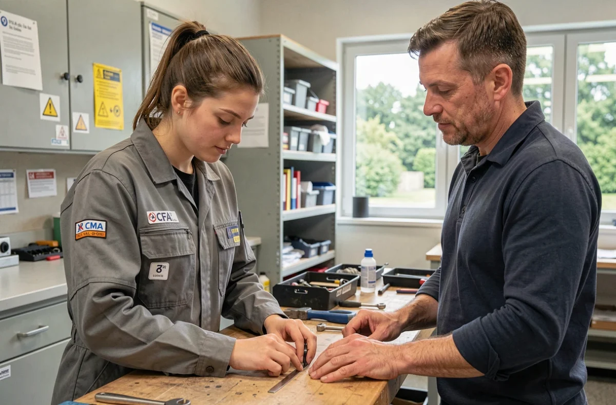 Apprentie réalisant un exercice technique sous le regard d'un formateur au CFA de la CMA du Val-d'Oise à Eaubonne