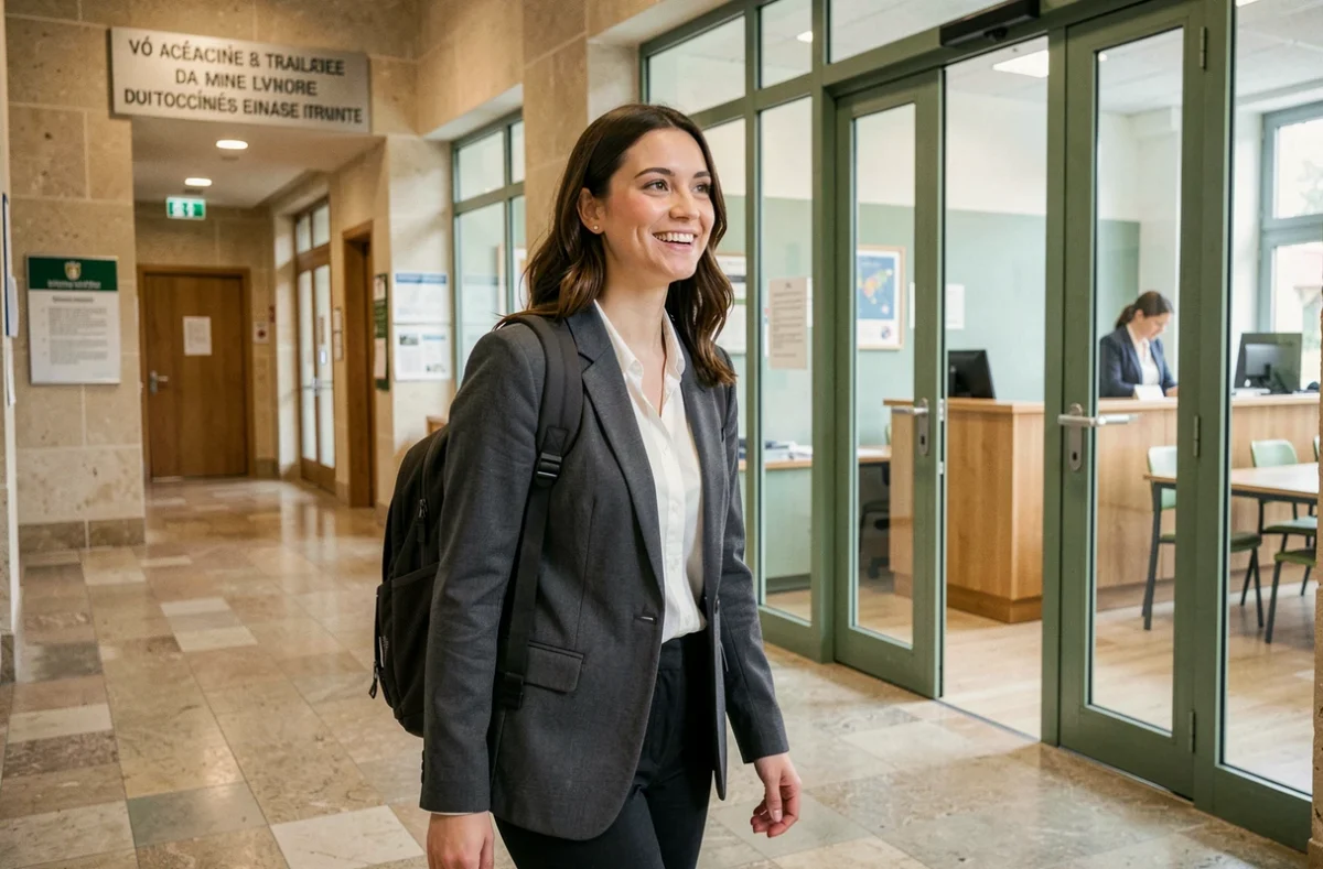 Jeune étudiante souriante entrant dans les locaux du CFA IFDA Institut de la Formation du Développement et de l'Apprentissage de Toulouse