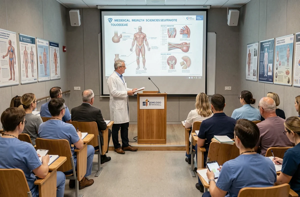 Formateur en blouse blanche présentant un cours de formation continue médicale aux professionnels de santé au CNRFP Écoles Vidal Toulouse