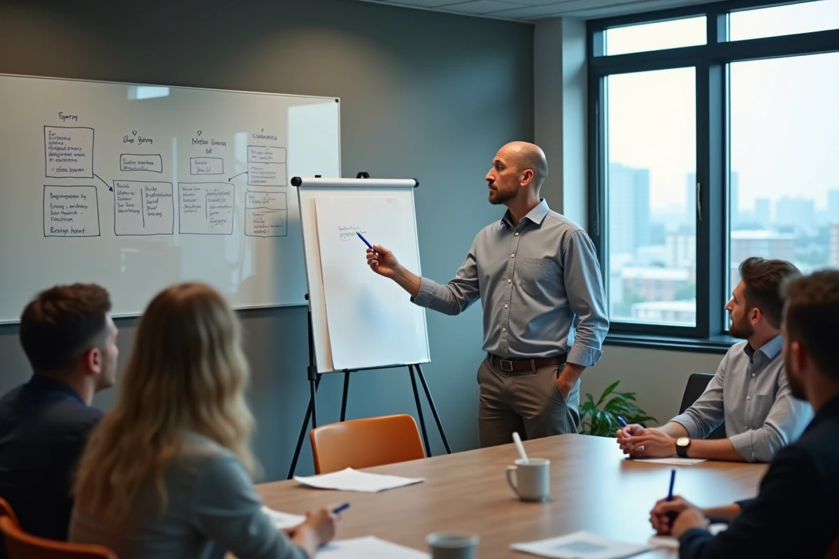 Coach expliquant un cadre à un groupe d