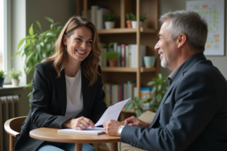 Femme et coach homme dans un bureau chaleureux
