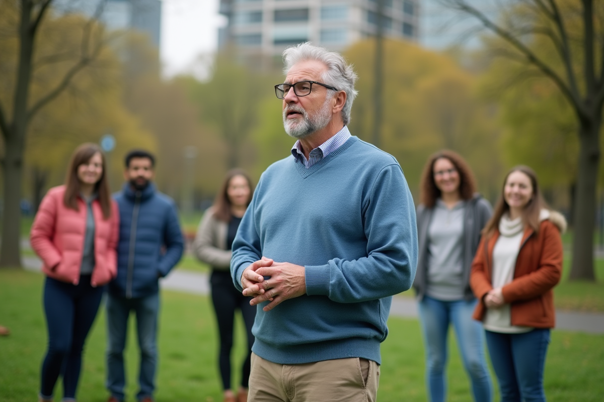 Homme en coaching en extérieur avec groupe diversifié