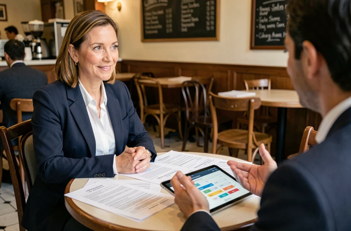Femme en entretien avec un coach de carrière dans un café pour transformer une passion en projet professionnel concret