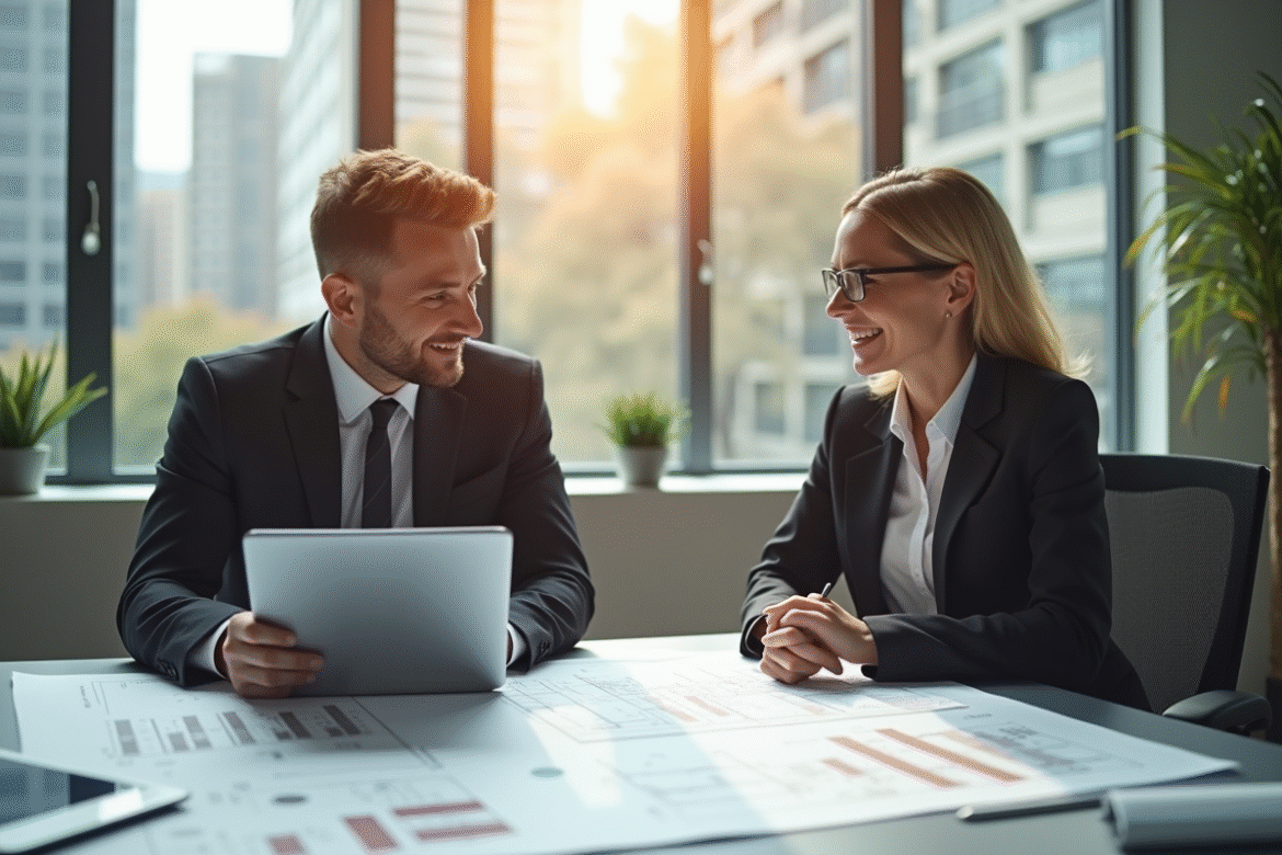 Une femme d'affaires confiante et un homme d'affaires collaborent au bureau avec plans et tablette