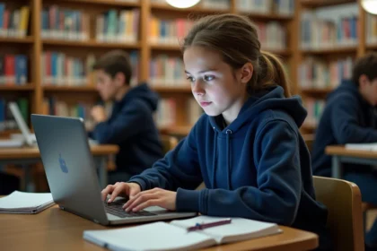 Collégienne explorant une liste de métiers sur un ordinateur portable dans une bibliothèque scolaire