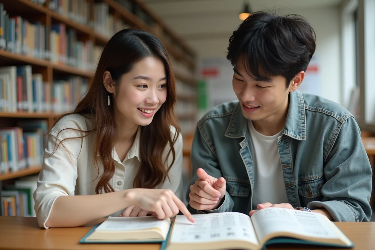 Deux étudiants comparant un manuel d'écriture japonaise et un guide de calligraphie chinoise à la bibliothèque
