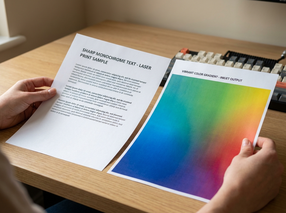 Comparaison côte à côte de documents imprimés par imprimante laser et jet d'encre tenus par des mains féminines sur un bureau en bois