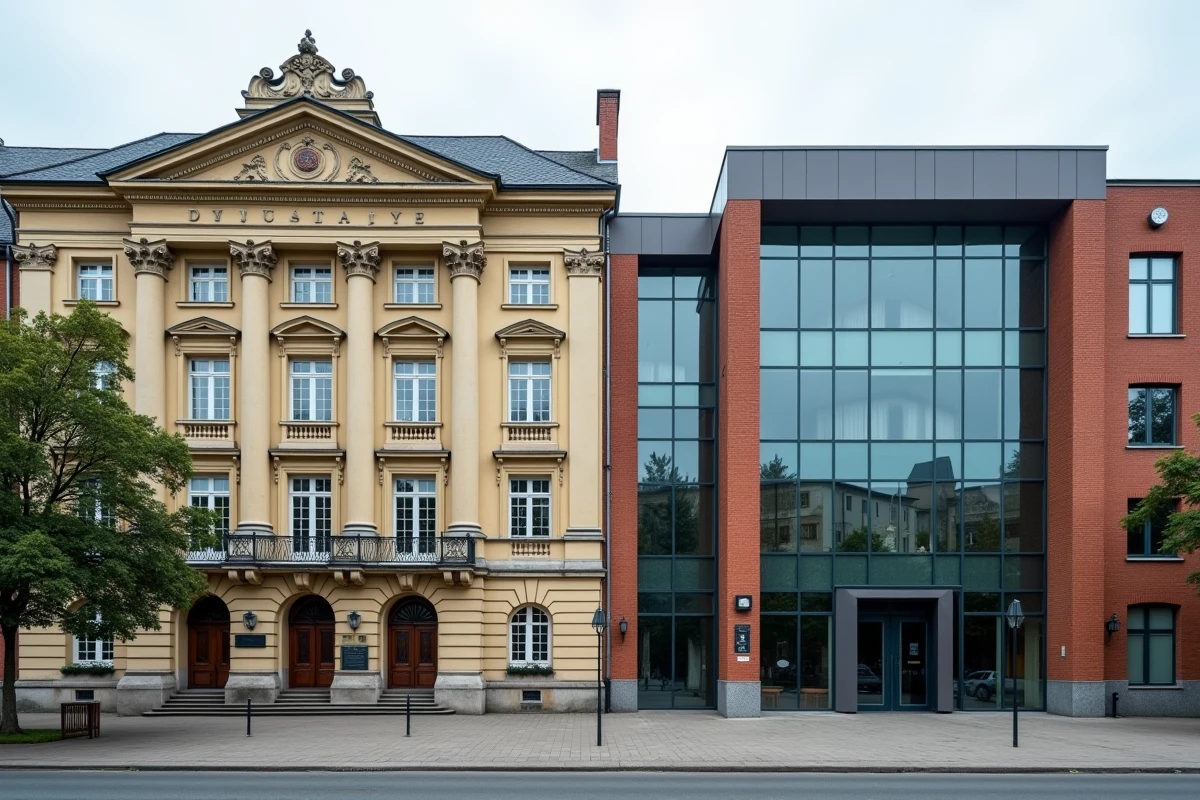 Comparaison architecturale entre un grand lycée français haussmannien et un gymnasium scandinave moderne, façades emblématiques de l'éducation européenne