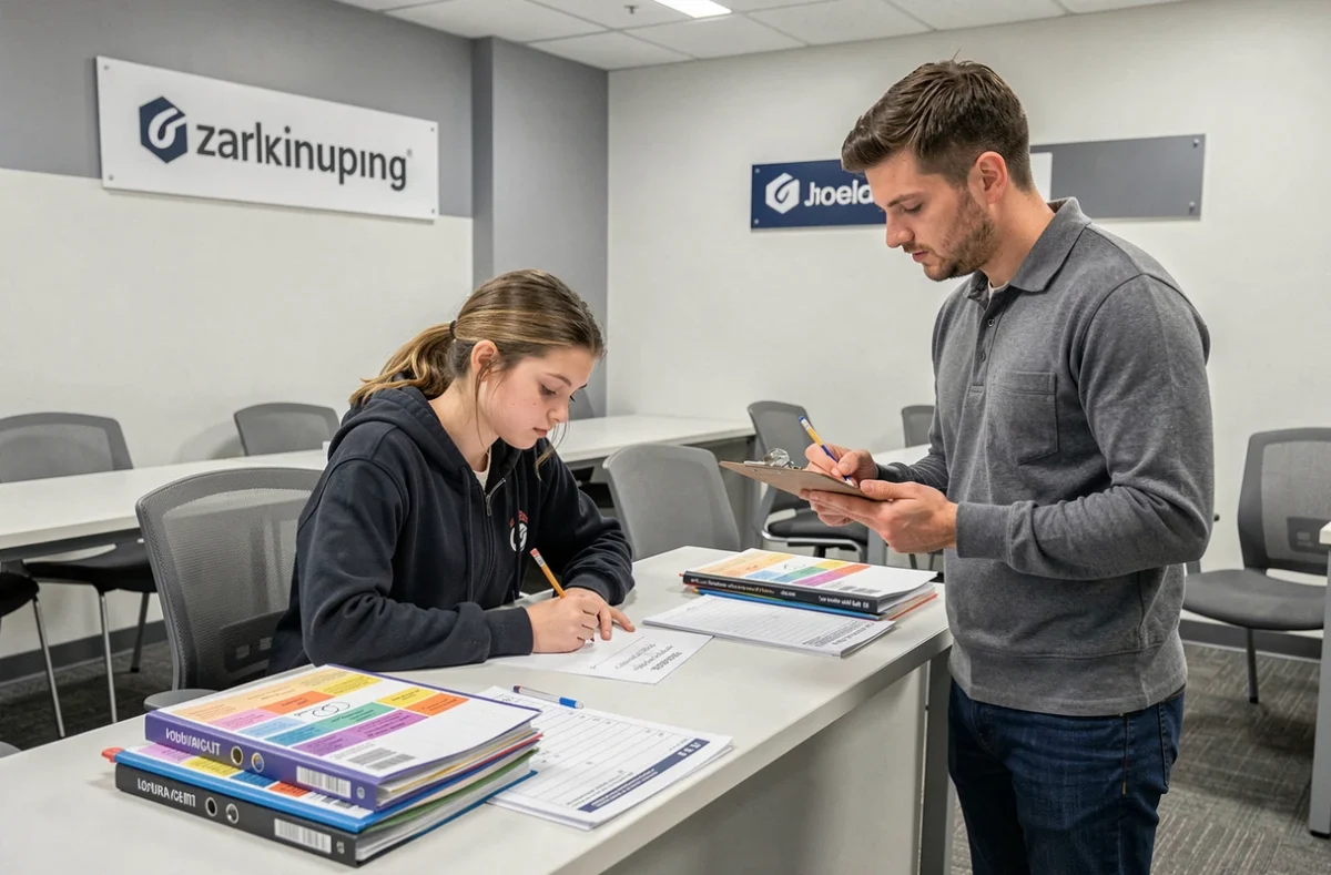Adolescente travaillant ses révisions scientifiques dans un centre Complétude accompagnée par un tuteur qui vérifie sa progression sur un support pédagogique.